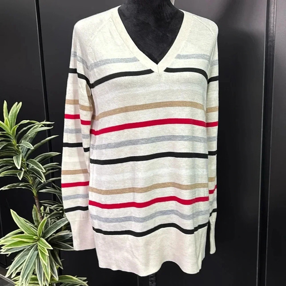 LOFT V-neck long sleeve pullover,knit,horizontal thin stripe sweater,multi color - Picture 1 of 10